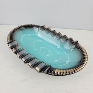 Vintage West Germany Turquoise and Black Ceramic Ashtray Dish MCM